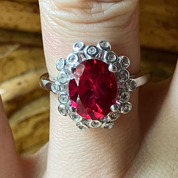 Lab Created Red Sapphire Sterling Silver Cocktail Ring Size 6 - Picture 1 of 9